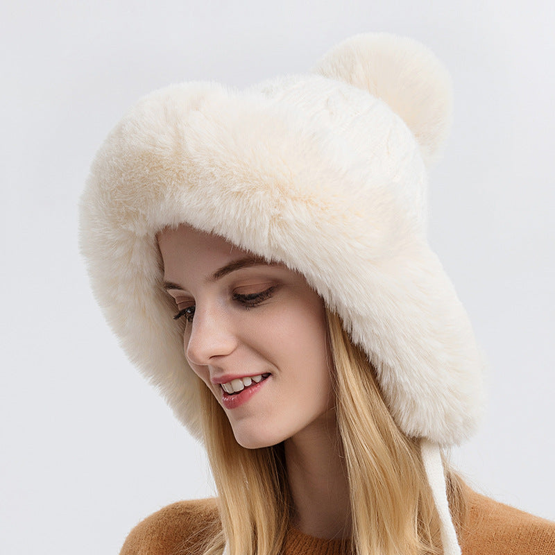 Triple Pom-Pom Fleece Knit Hat with Ear Straps