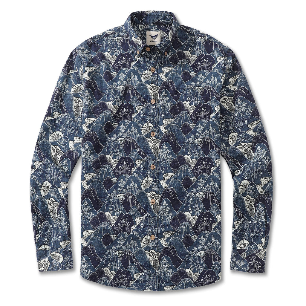Men's long-sleeve shirt in navy blue and white with a brushstroke mountain and waterfall print.