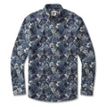 Men's long-sleeve shirt in navy blue and white with a brushstroke mountain and waterfall print.