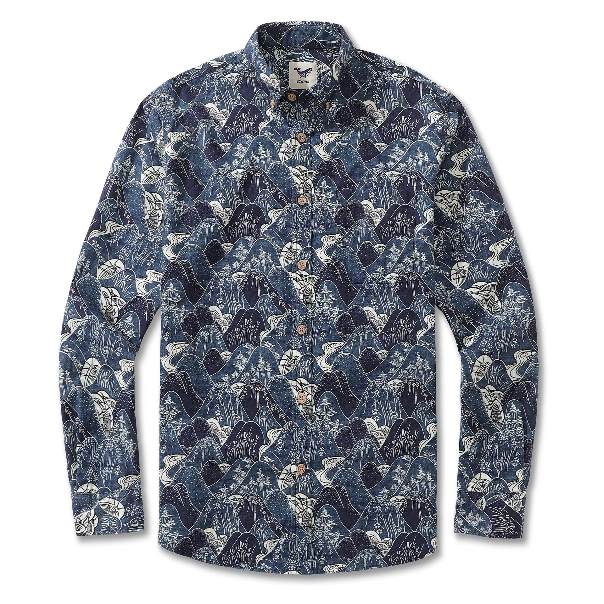 Men's long-sleeve shirt in navy blue and white with a brushstroke mountain and waterfall print.