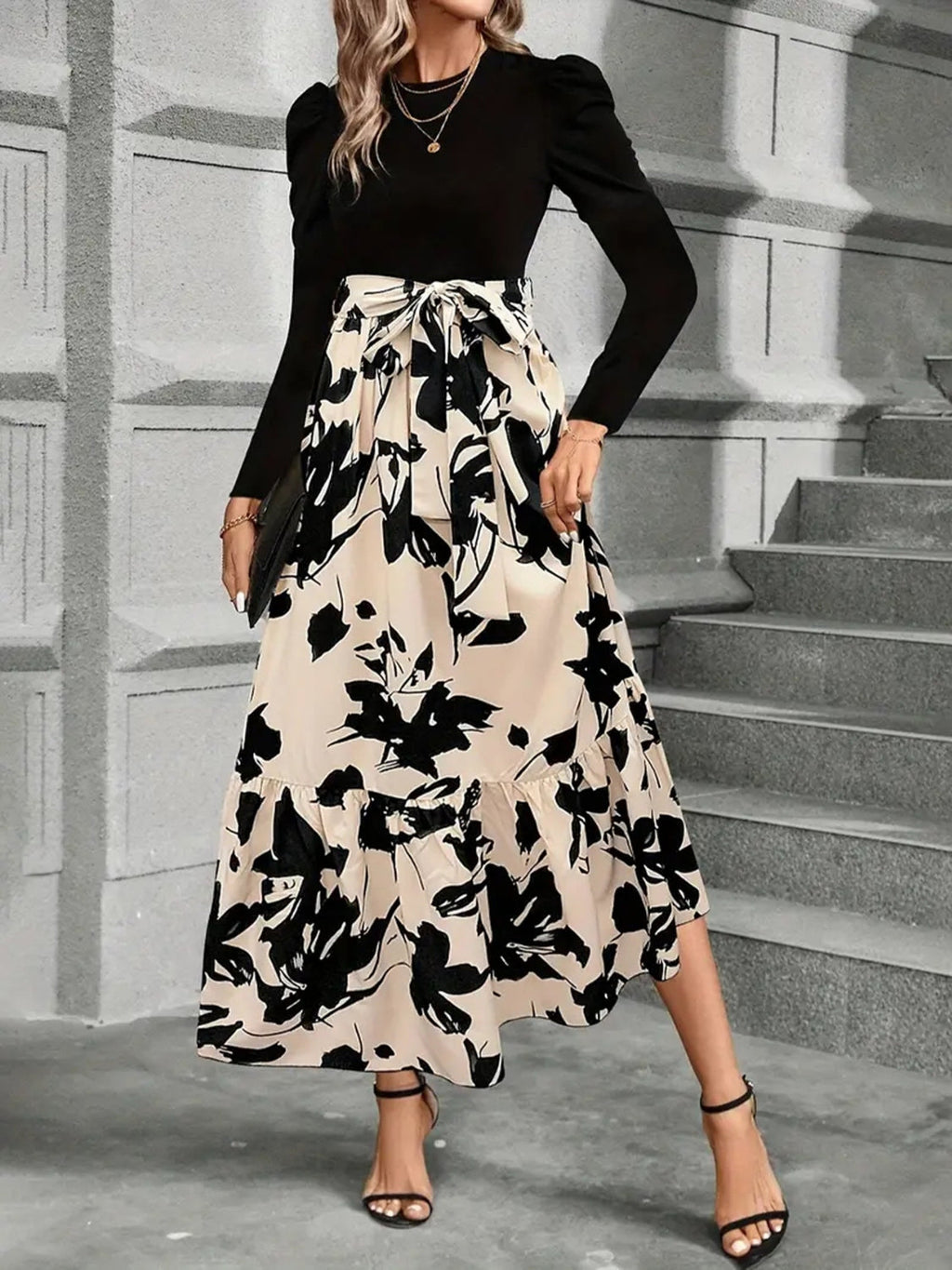 Printed Round Neck Long Sleeve Tied Midi Dress