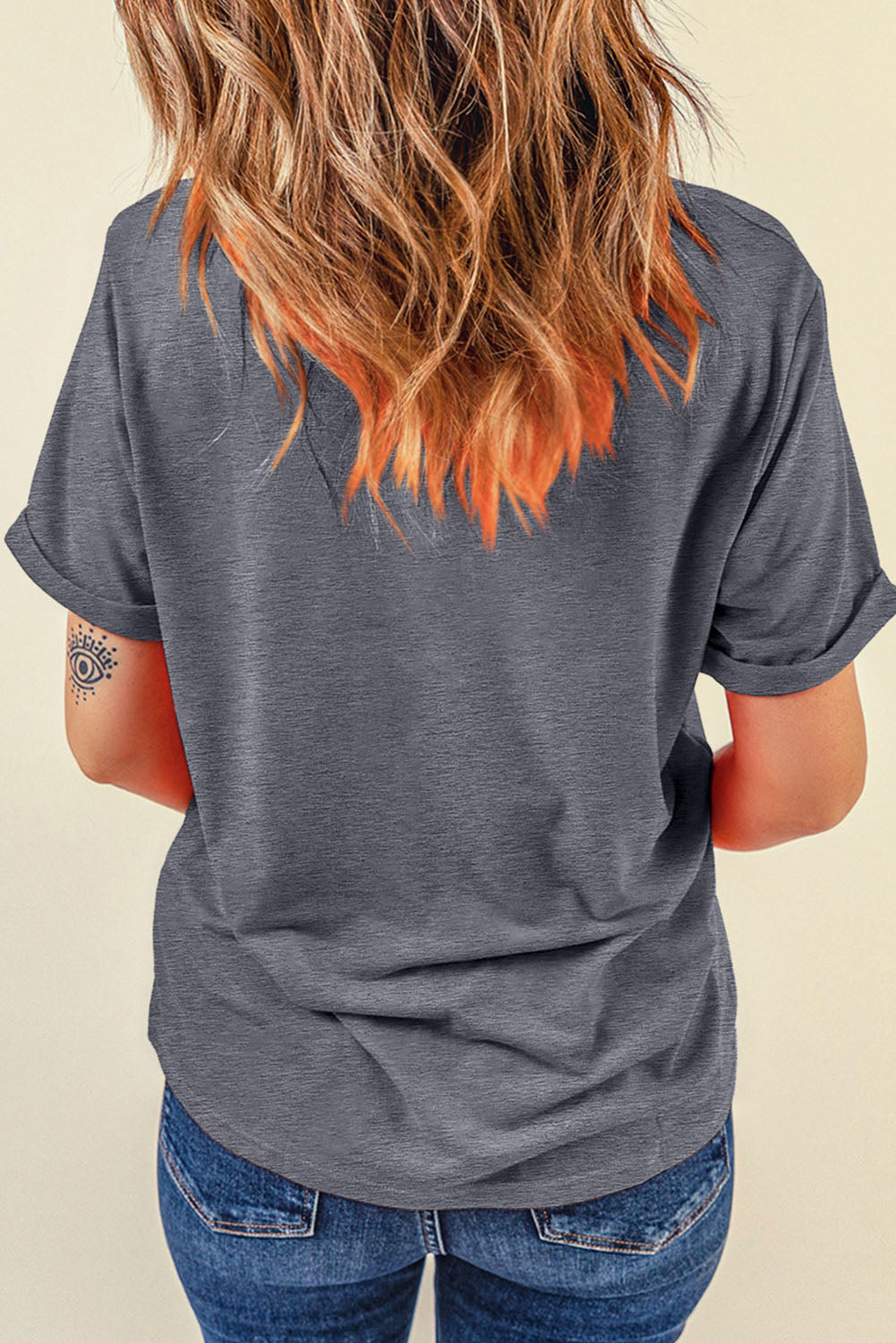 Gray Casual Baseball Graphic Tee with Bowknot & Roll Up Sleeves