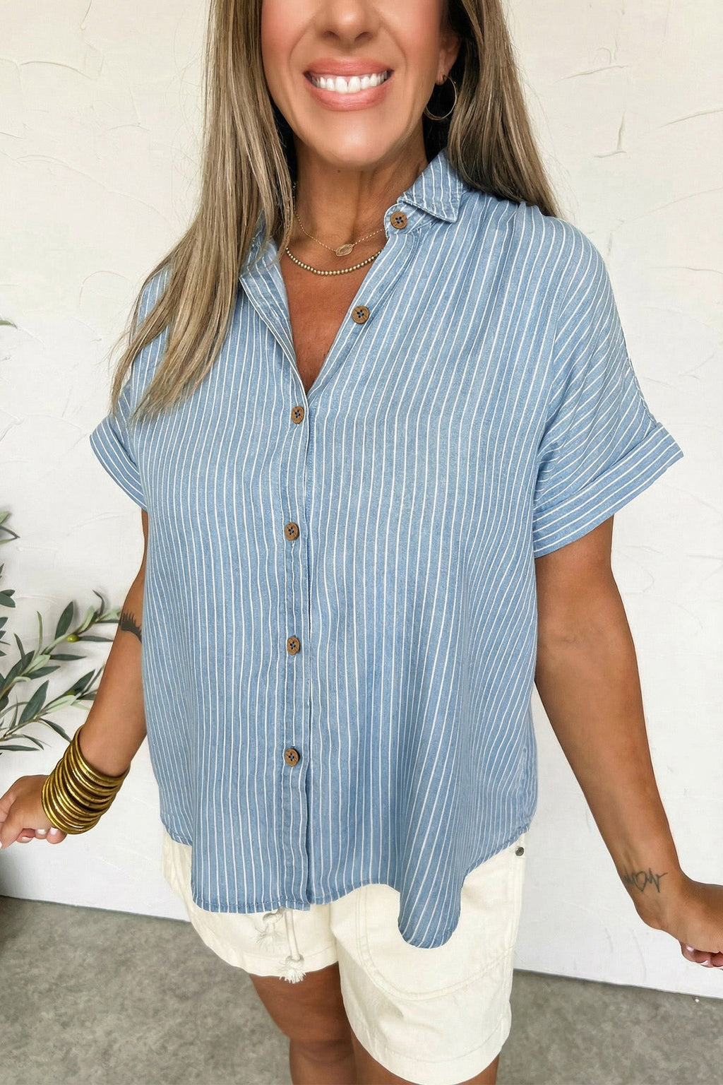 Women's Blue and White Striped Cuffed Short Sleeve Button Shirt