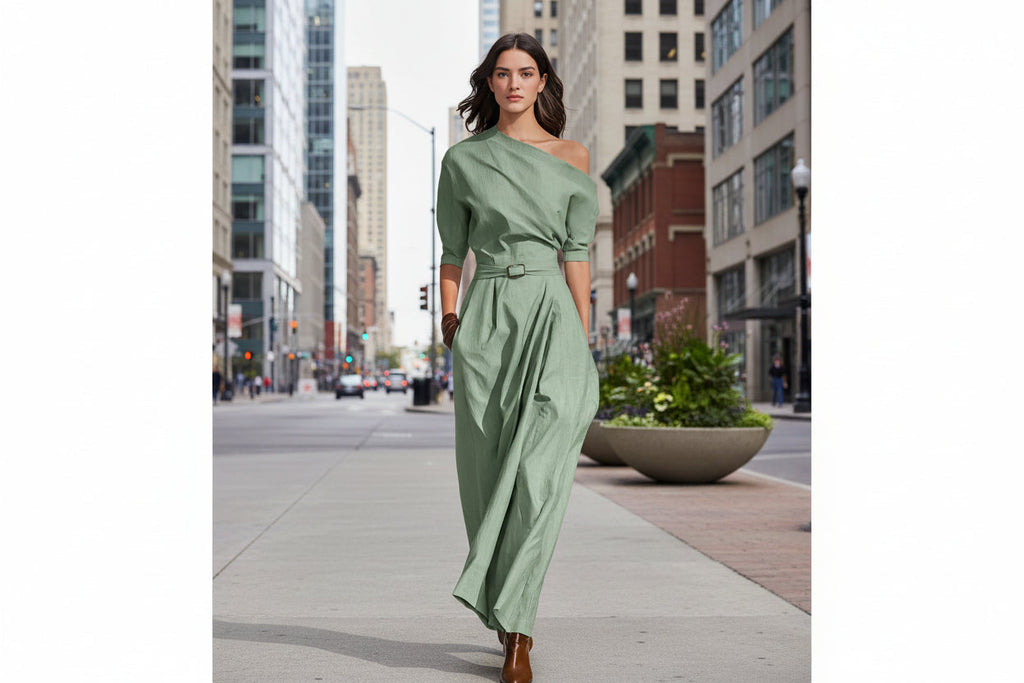 Women One-Shoulder Maxi Dress with Belted Waist and Elbow Sleeves - Image 2
