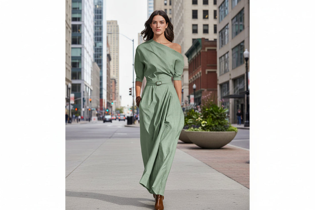 Women One-Shoulder Maxi Dress with Belted Waist and Elbow Sleeves - Image 2