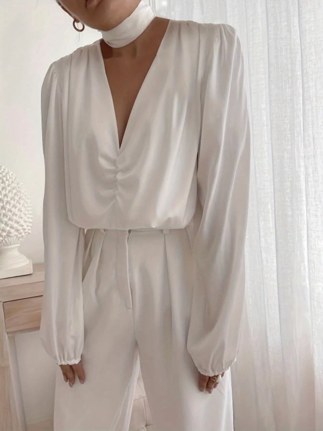 White V-Neck Ruched Long Sleeve Blouse Elegant Satin Style Top - Image 4