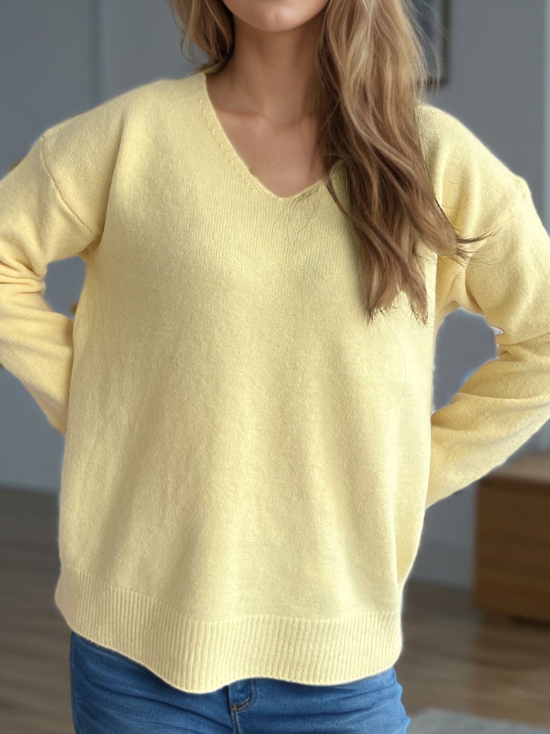 Women's V-Neck Dropped Shoulder Long Sleeve Knit Sweater - Image 13