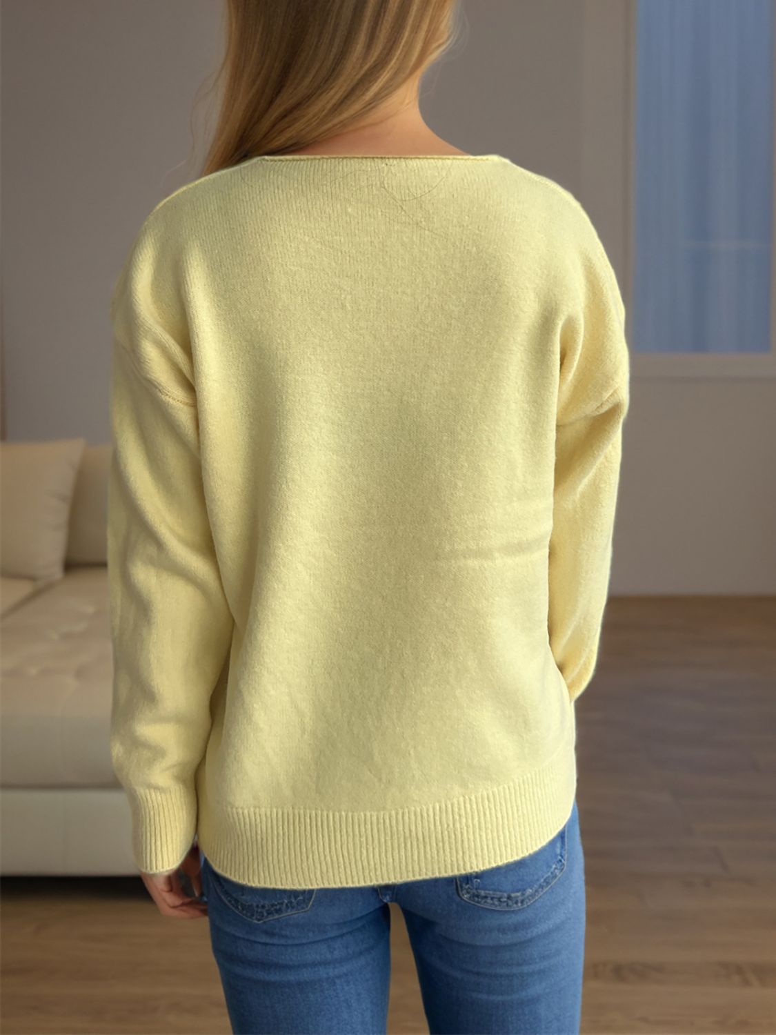 Women's V-Neck Dropped Shoulder Long Sleeve Knit Sweater - Image 14