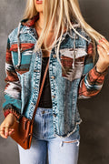 Multicolor Aztec Print Frayed Hem Denim Jacket | Boho
