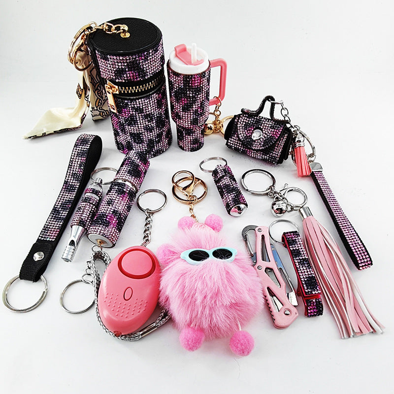 12-piece set of diamond-embellished leopard print keychains in various colors