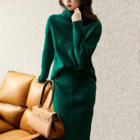Emerald Green Turtleneck Sweater and Midi Skirt Two-Piece Set