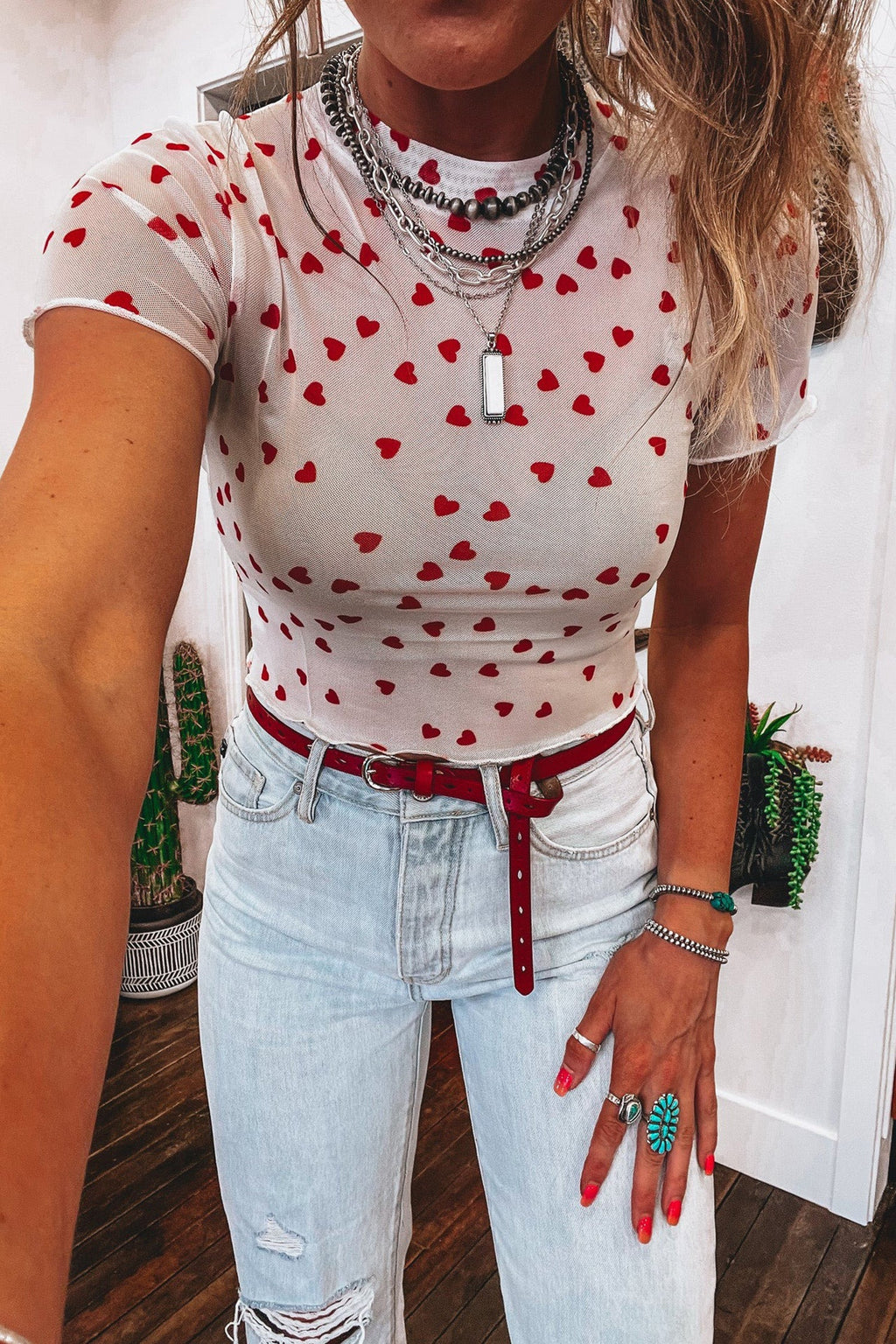 White Red Allover Heart Print Mesh Short Sleeve Crop Top