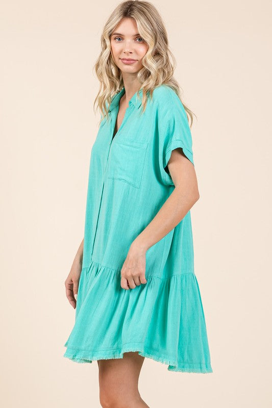 Summer Linen Blend Button Down Shirt Mini Dress for Women