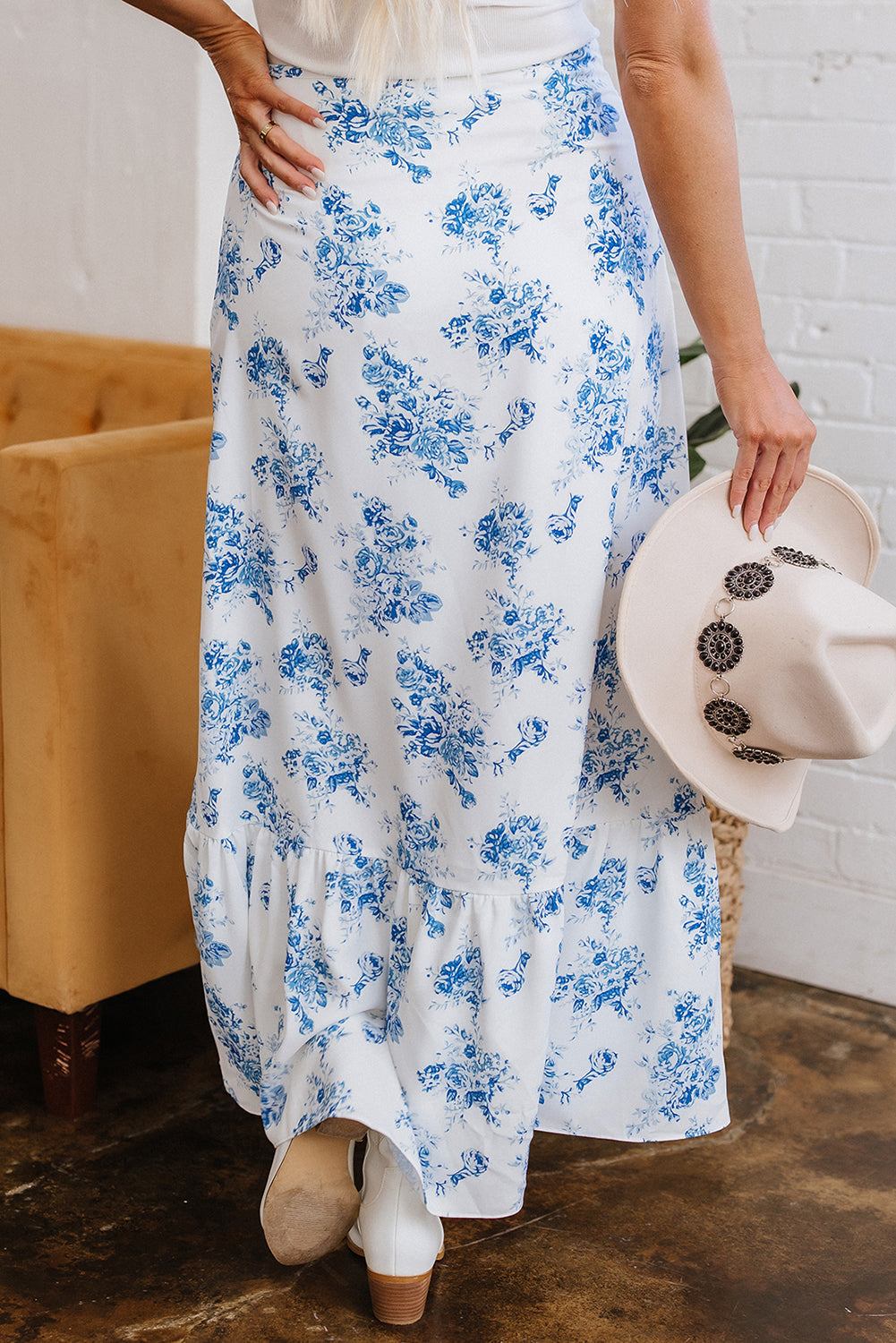 Salma Boho Floral High Waist Ruffle Split Maxi Skirt