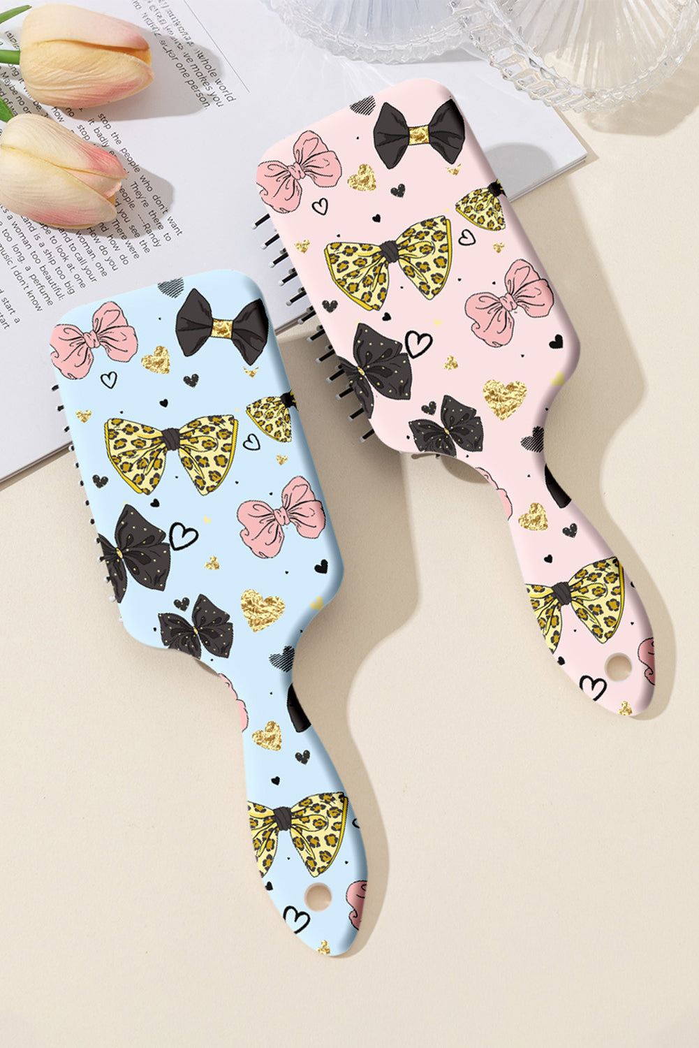 Pink Bowknot Print Air Cushion Comb - Gentle Scalp Massage