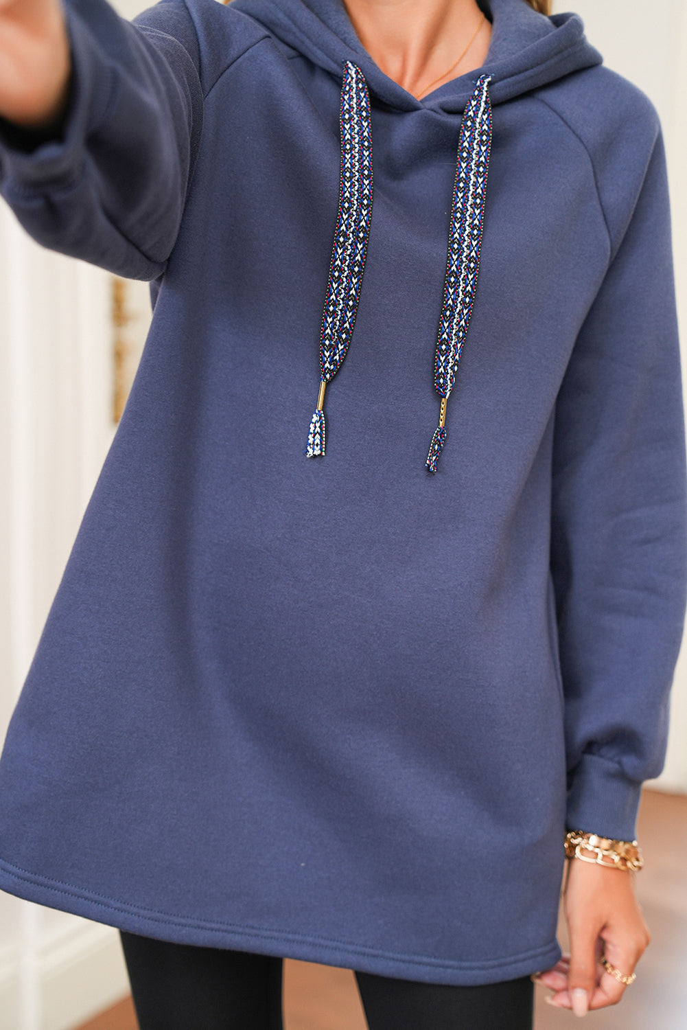 Raglan Sleeve Drawstring Hooded Tunic Sweatshirt