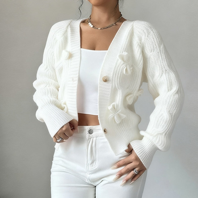 Women's Pink Bow Detail Cropped V-Neck Knit Cardigan - Image 3