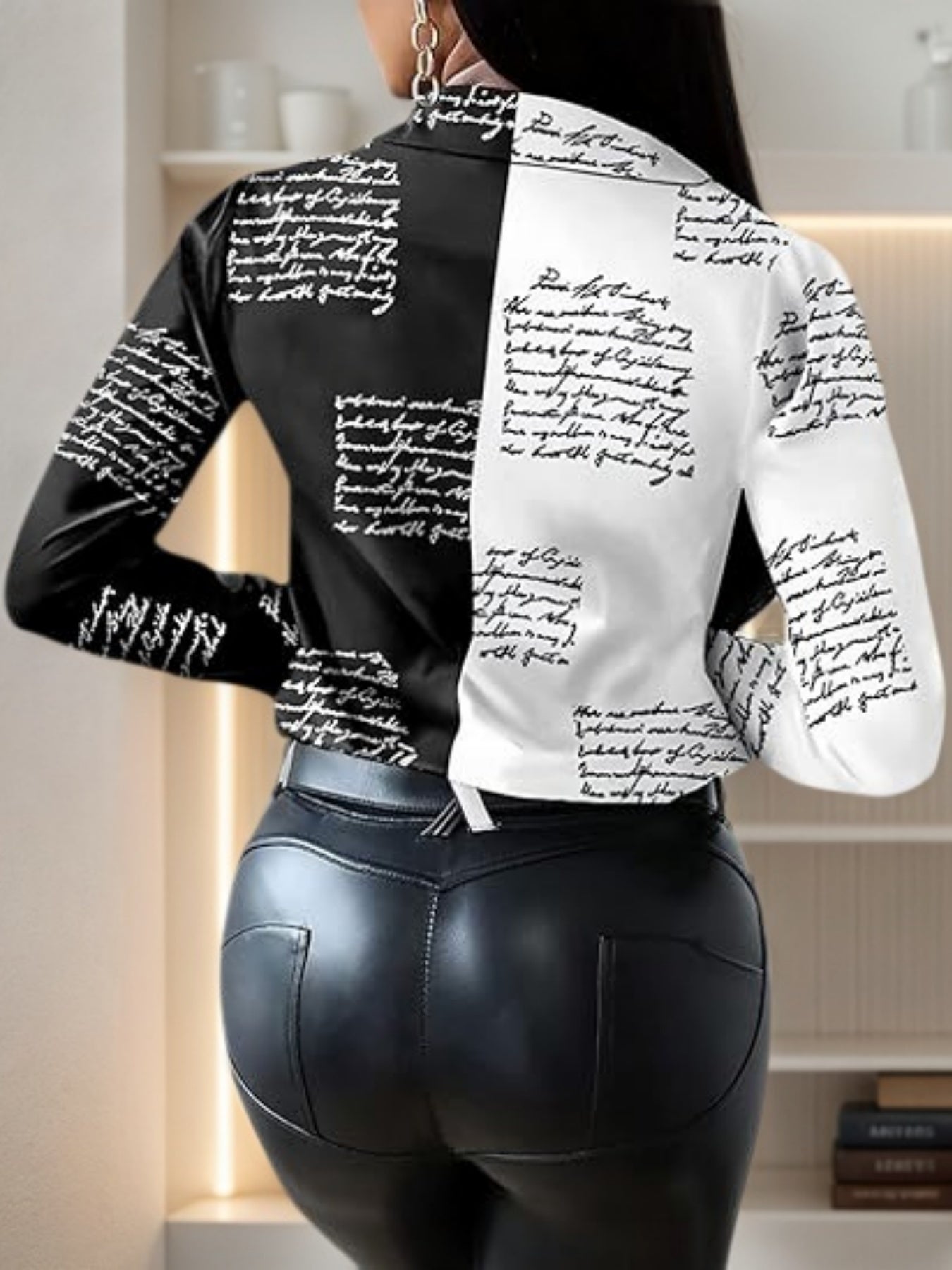 Black and White Script Print Long Sleeve Button-Down Blouse - Image 4
