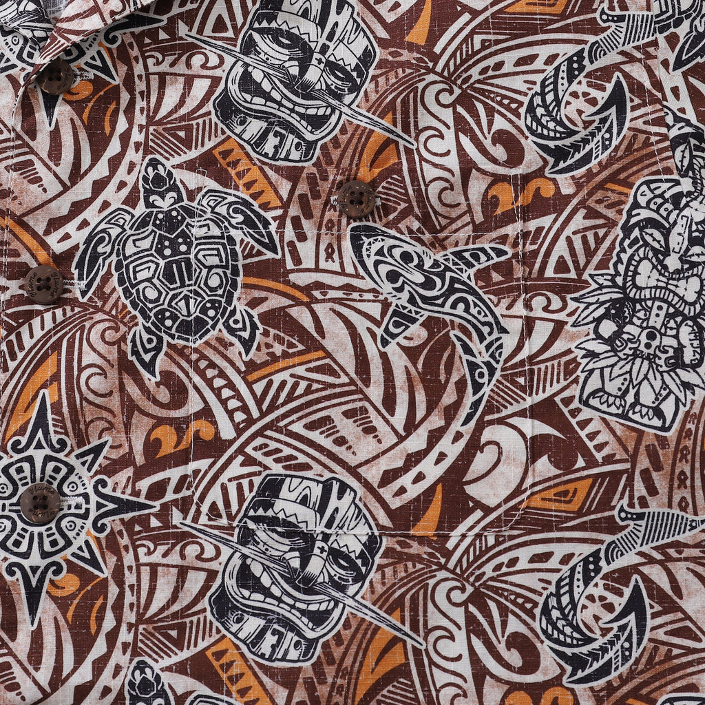 Vintage Tropical Hawaiian Shirt with Tiki Totem Print in Cotton