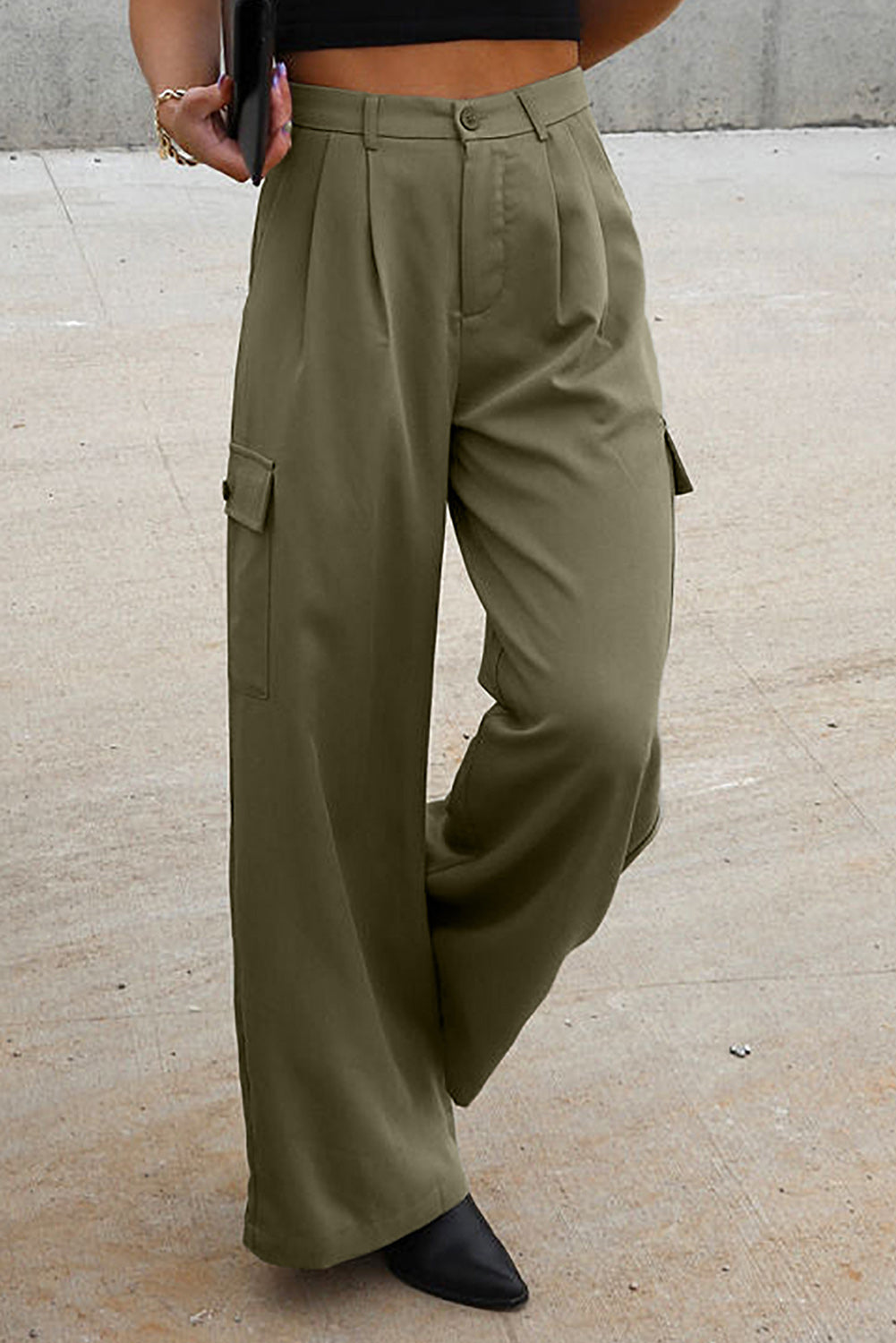 Ruched Wide Leg Pants with Pockets - Olive Green
