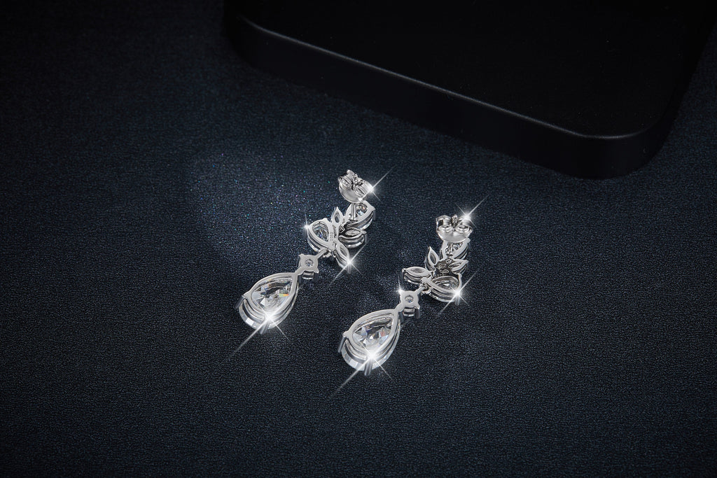 S925 Sterling Silver Pear Cut Moissanite Floral Cluster Drop Earrings