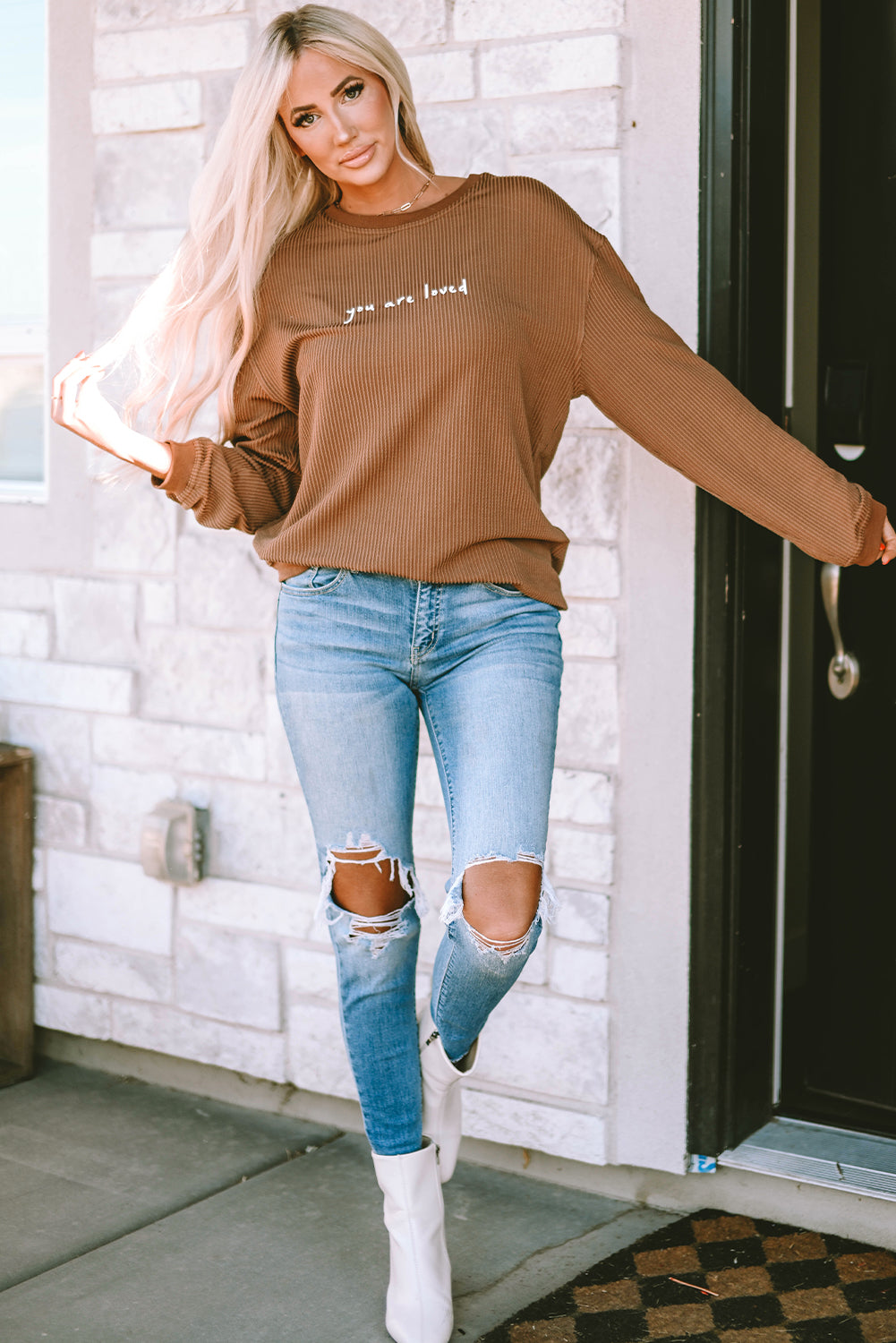 You Are Loved Ribbed Corduroy Long Sleeve Sweatshirt Brown - Image 5