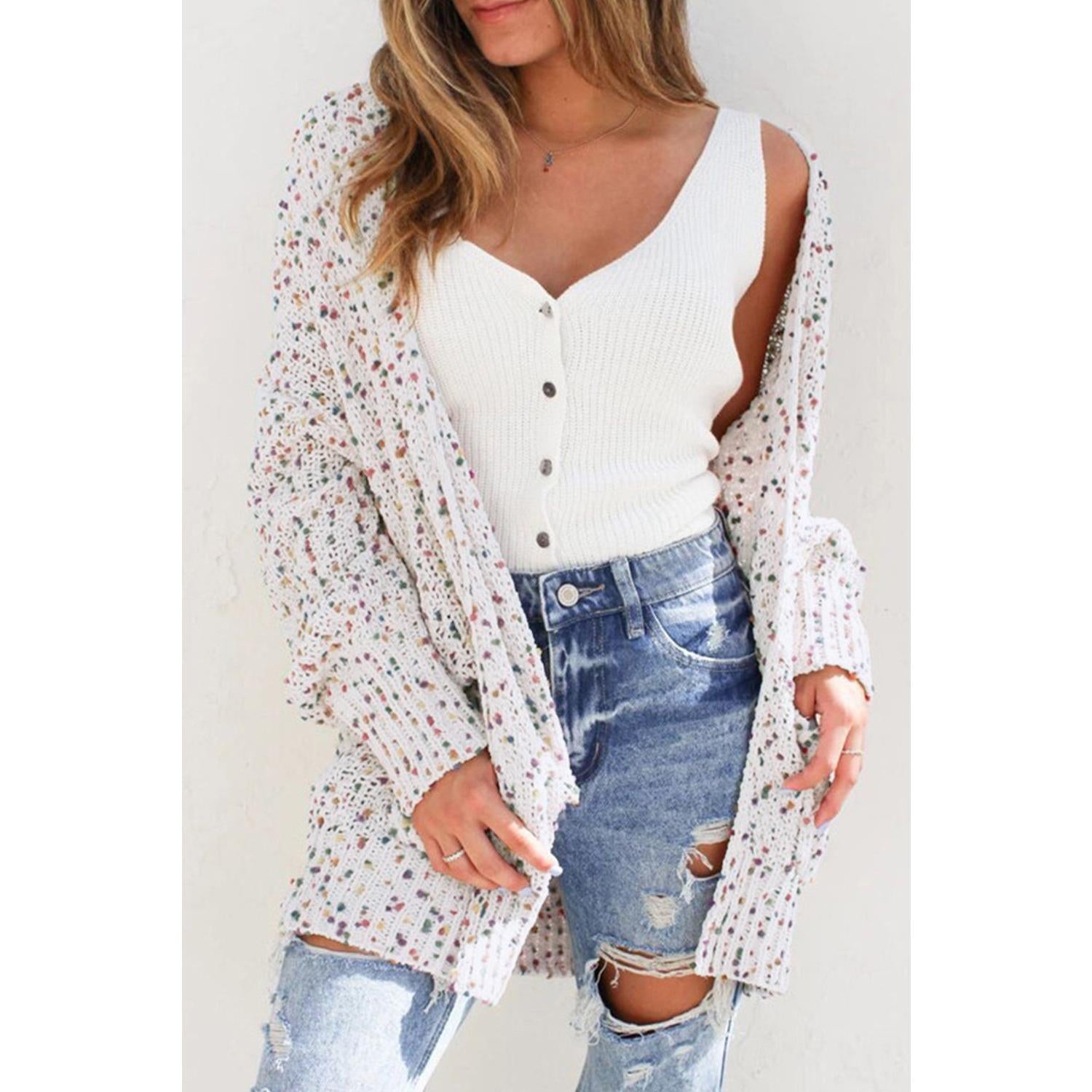 White Confetti Rib Knit Long Sleeve Cardigan Knitwear Womenswear