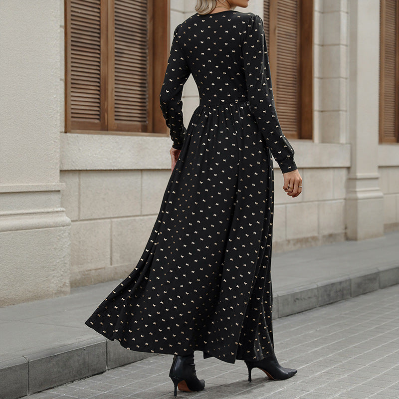 Elegant Retro Lace V-Neck Long Sleeve Bow Print Dress