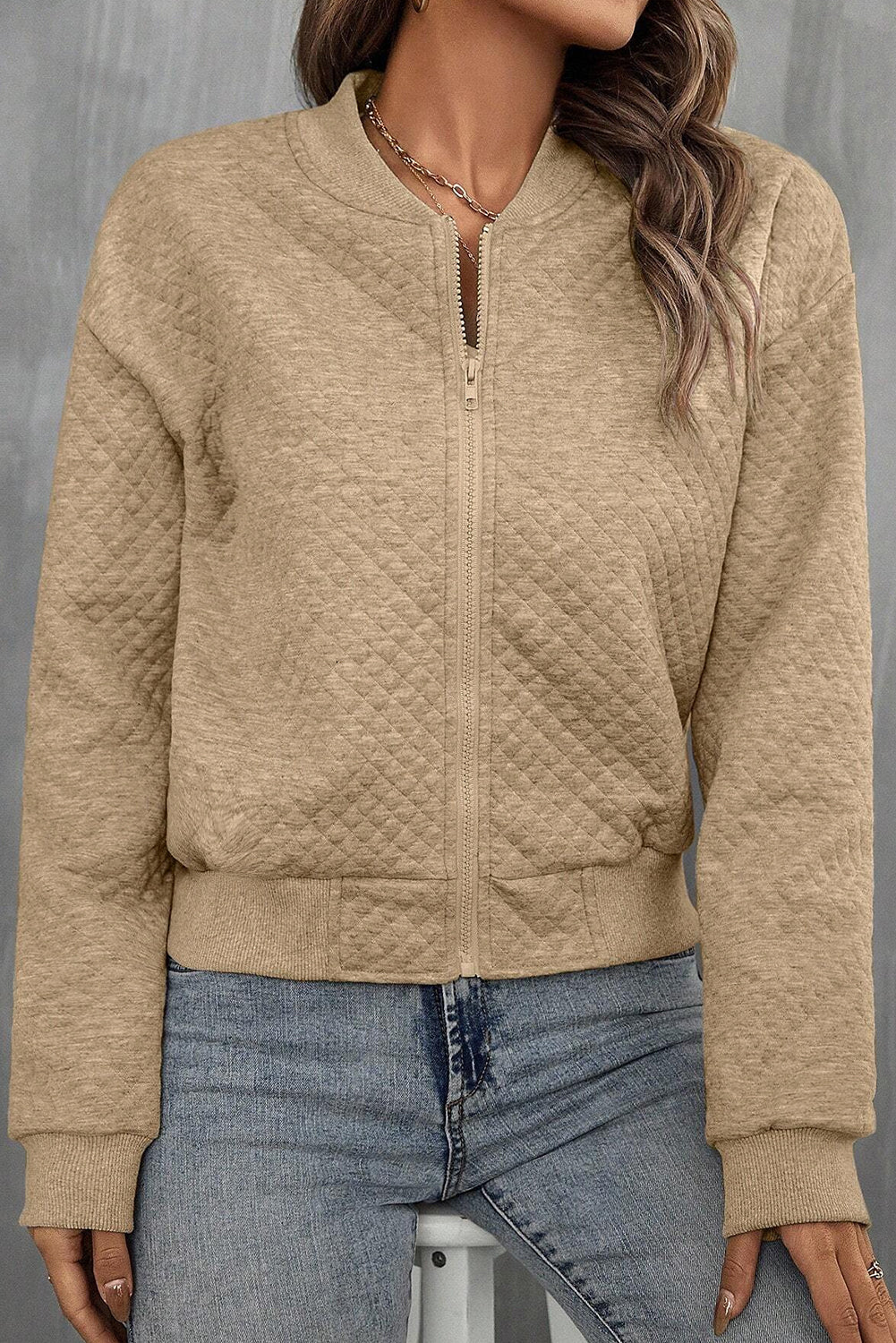Pale Khaki Textured Baseball Collar Jacket