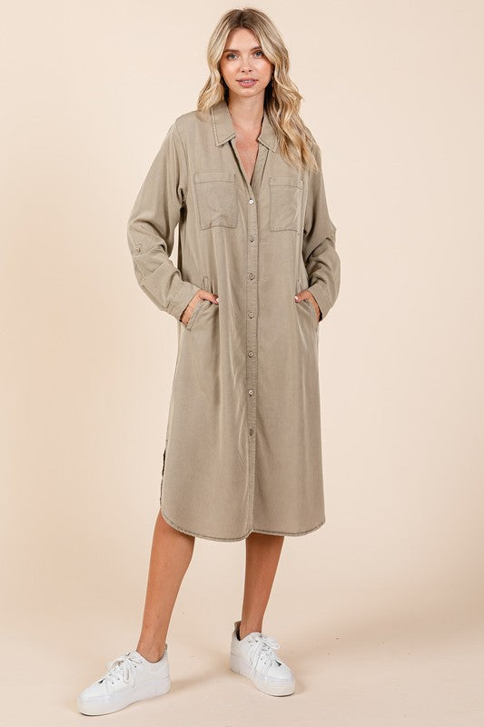Button Down Long Sleeve Cotton Shirt Dress - Olive-Green & Khaki