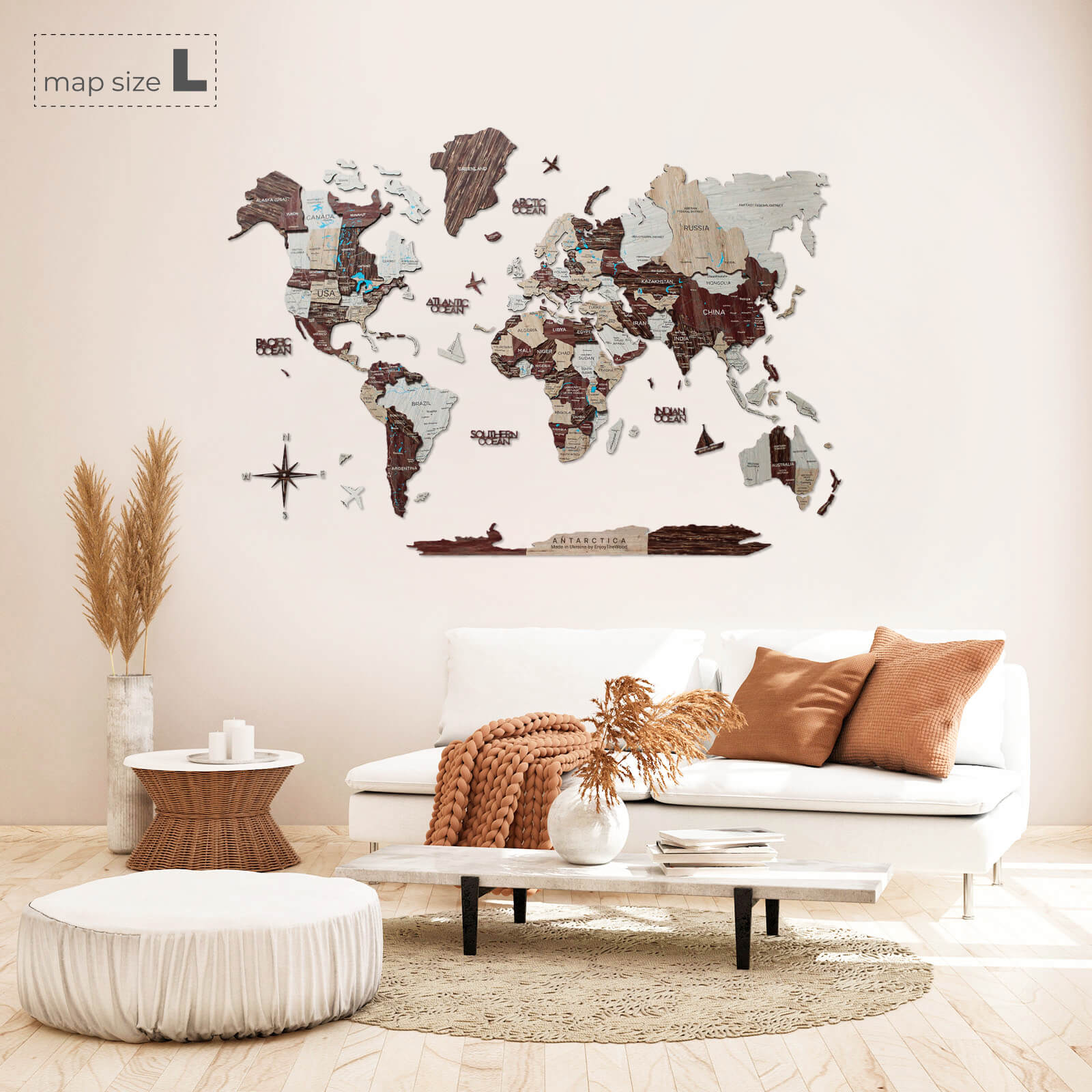 3D Wooden World Map Cappuccino Minimalist Wall Decor