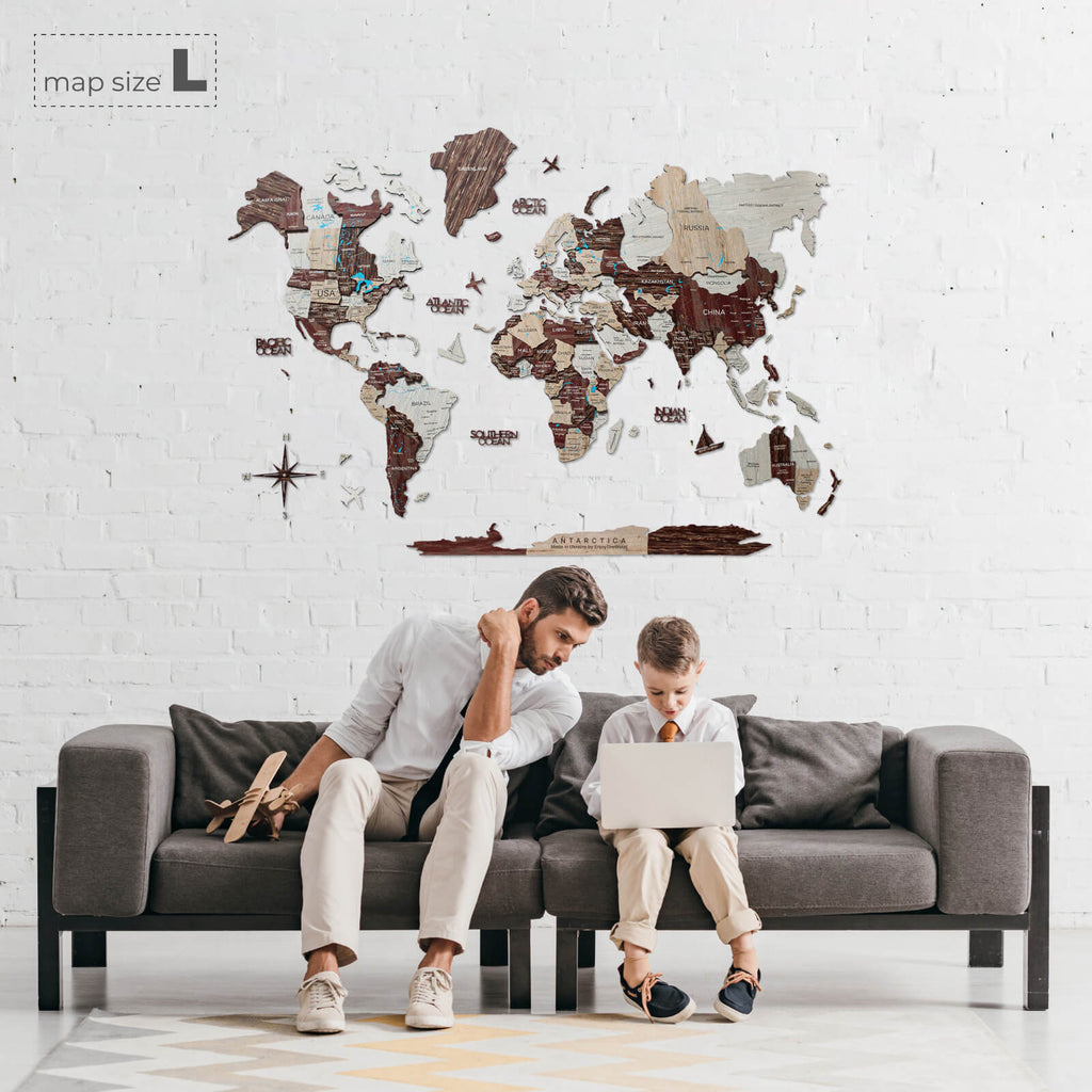 3D Wooden World Map Cappuccino Minimalist Wall Decor