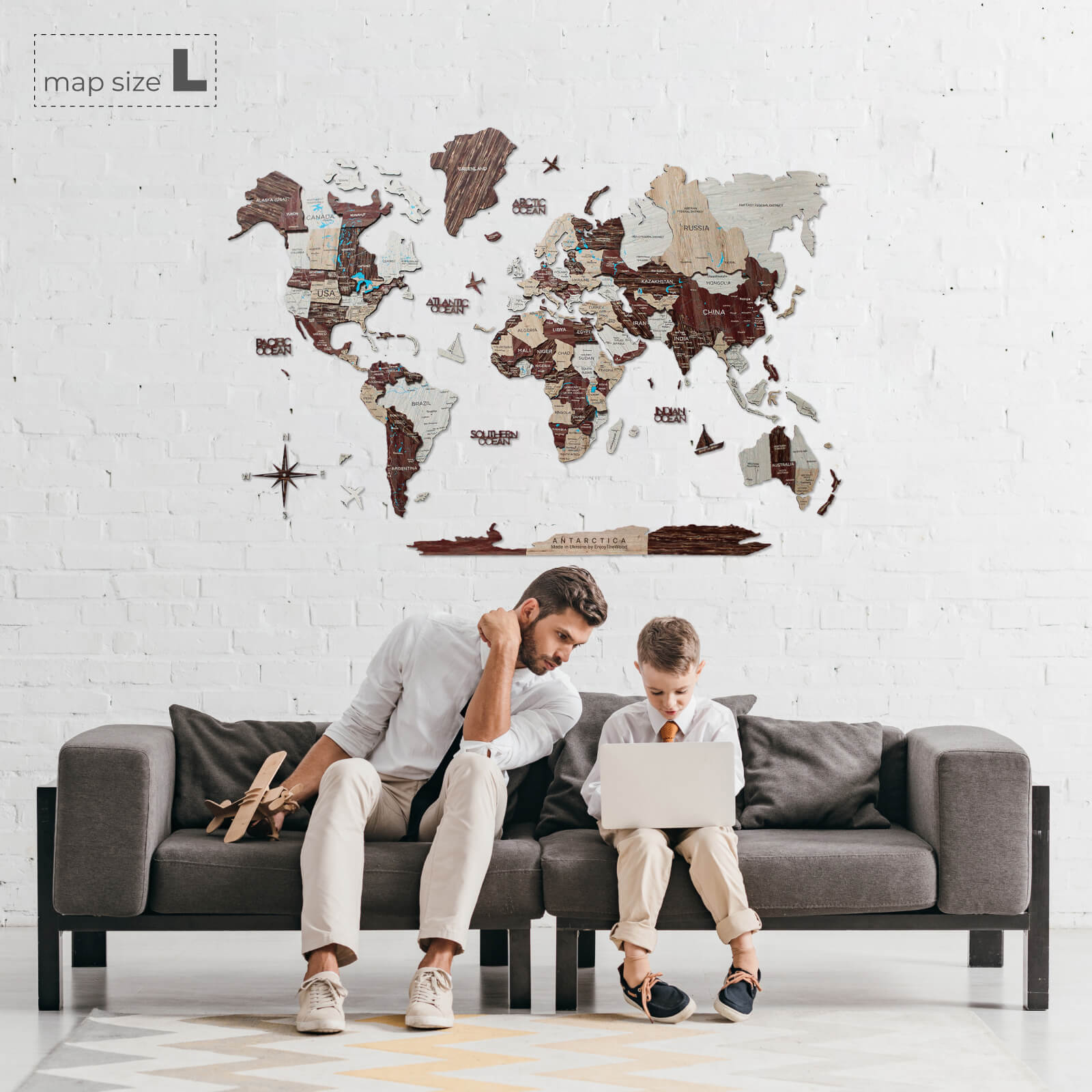 3D Wooden World Map Cappuccino Minimalist Wall Decor