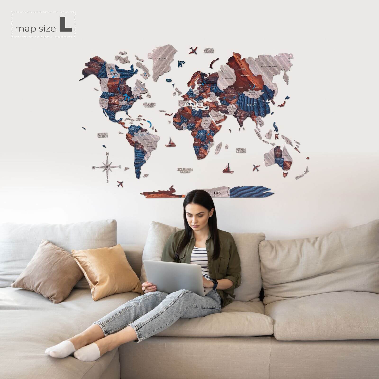 3D Wooden World Map Dune Wall Decor – Detailed Sandy Palette Art