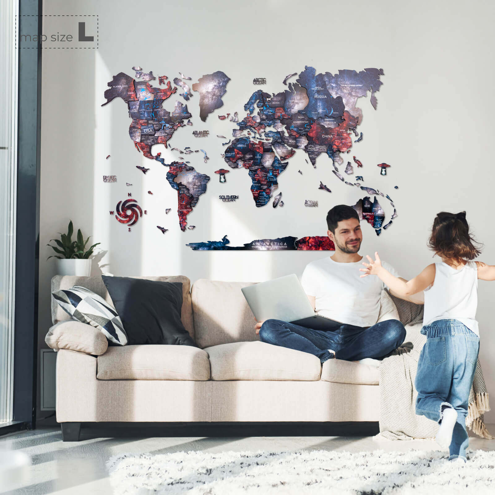 3D Wooden World Map Alcor: Modern Colorful Travel Wall Art