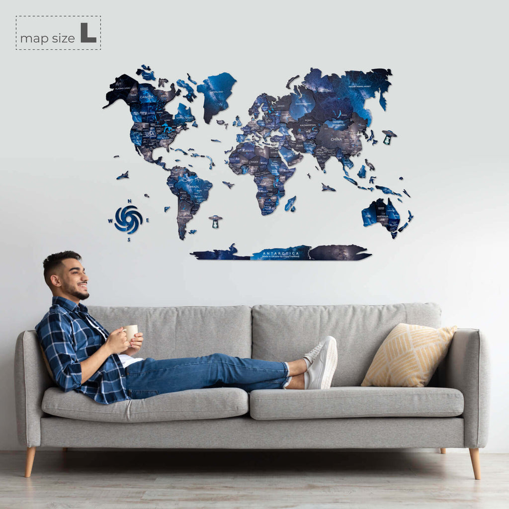 3D Wooden World Map Space: Large Navy Blue Travel Wall Art