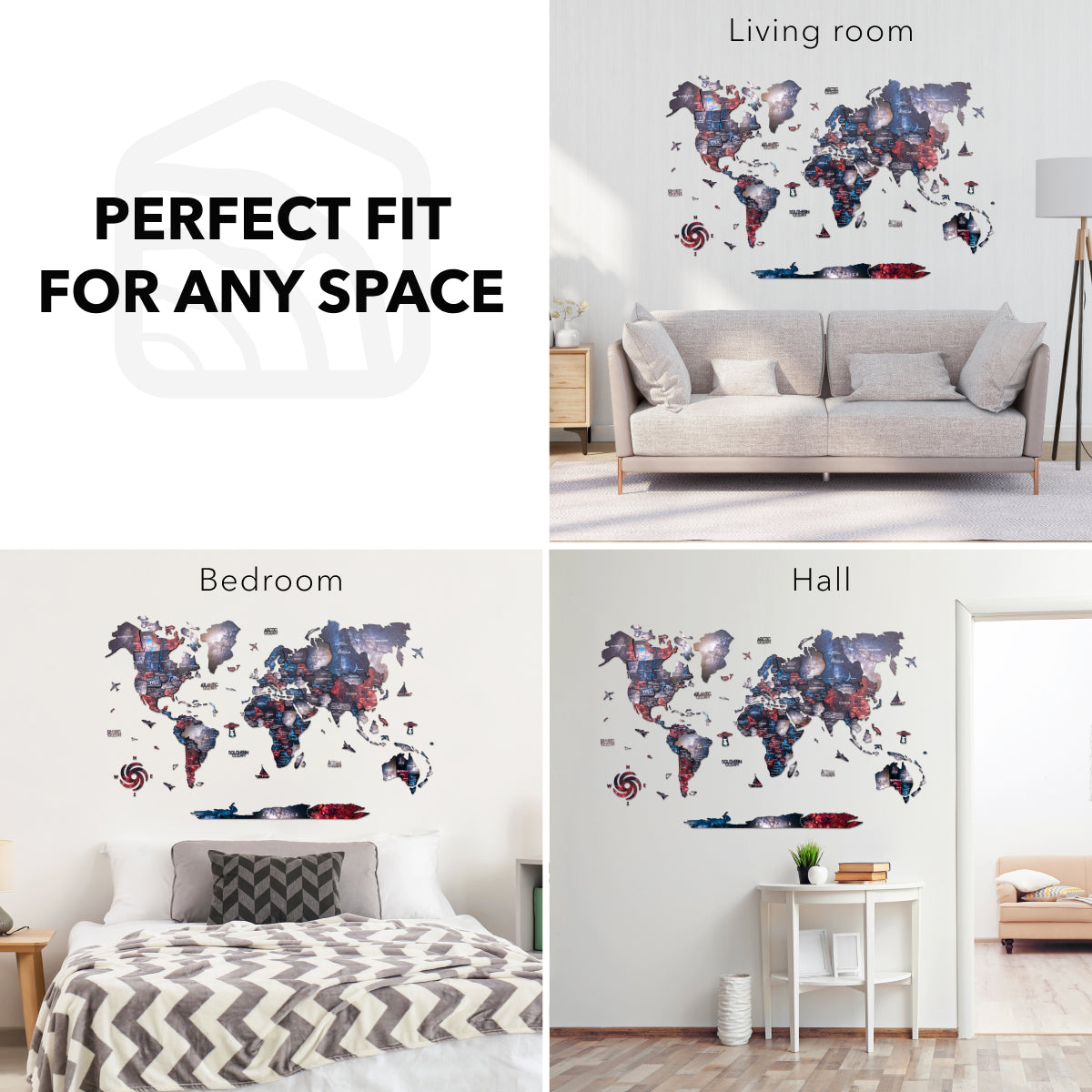 3D Wooden World Map Alcor: Modern Colorful Travel Wall Art