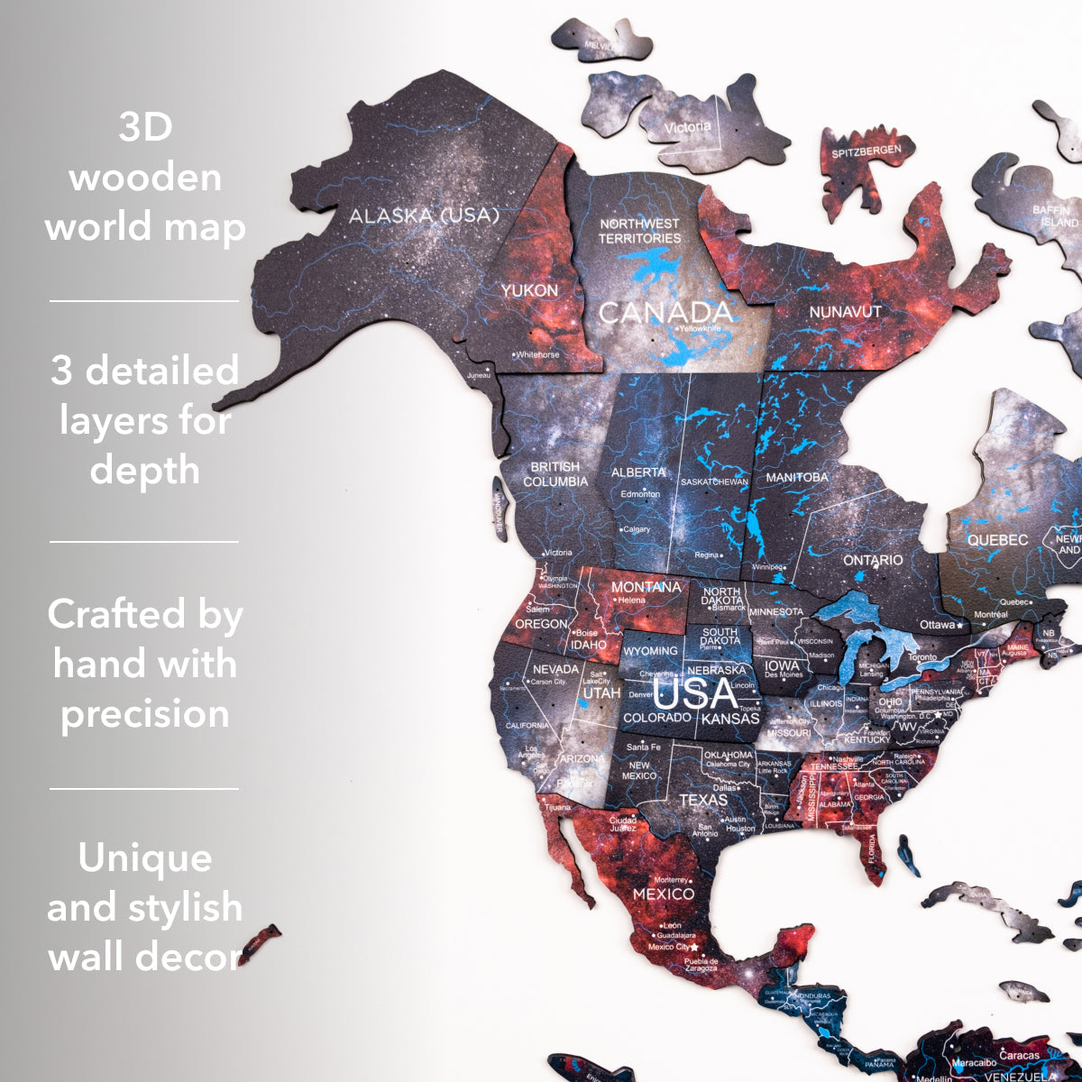 3D Wooden World Map Alcor: Modern Colorful Travel Wall Art
