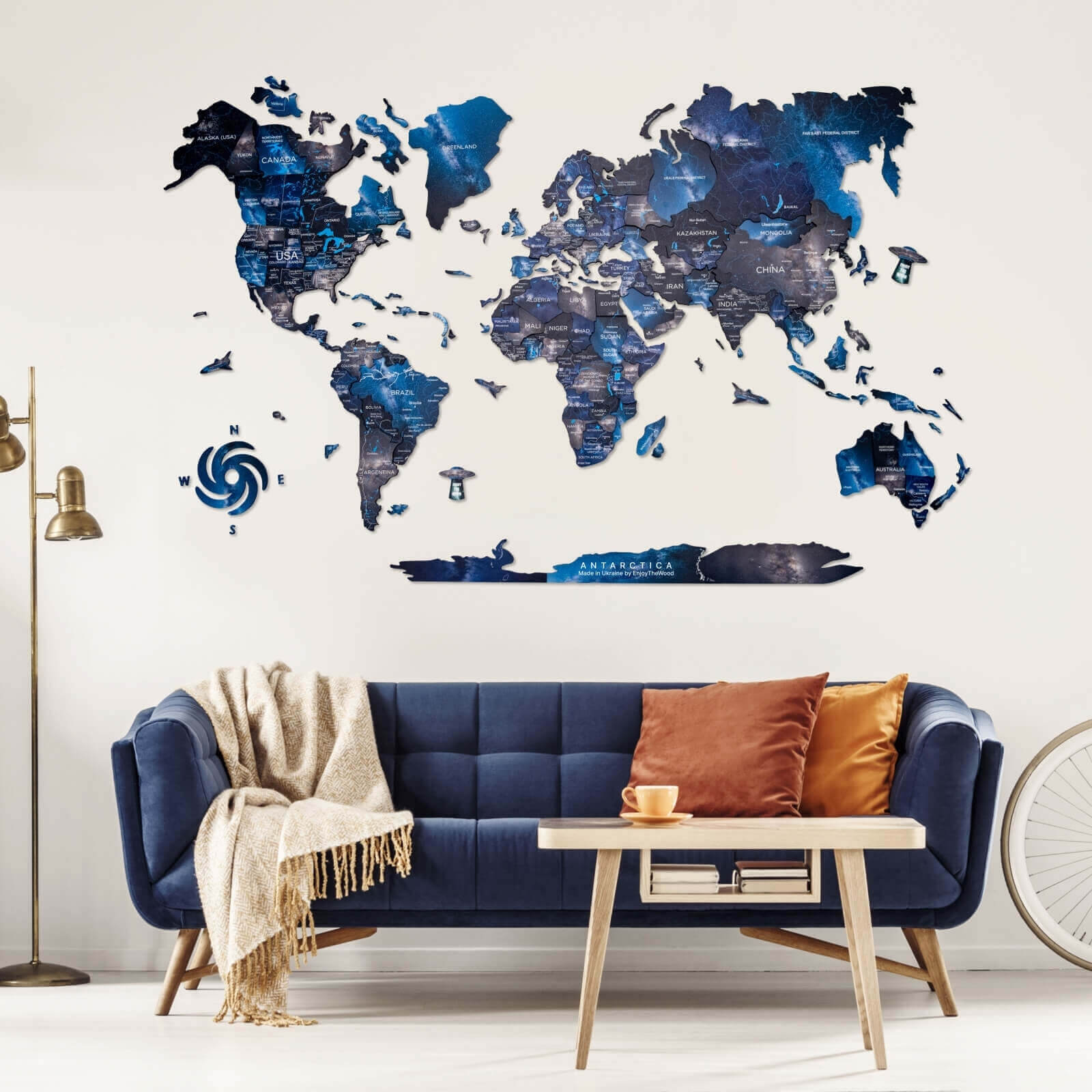 3D Wooden World Map Space in L size with blue and navy tones on a white wall.