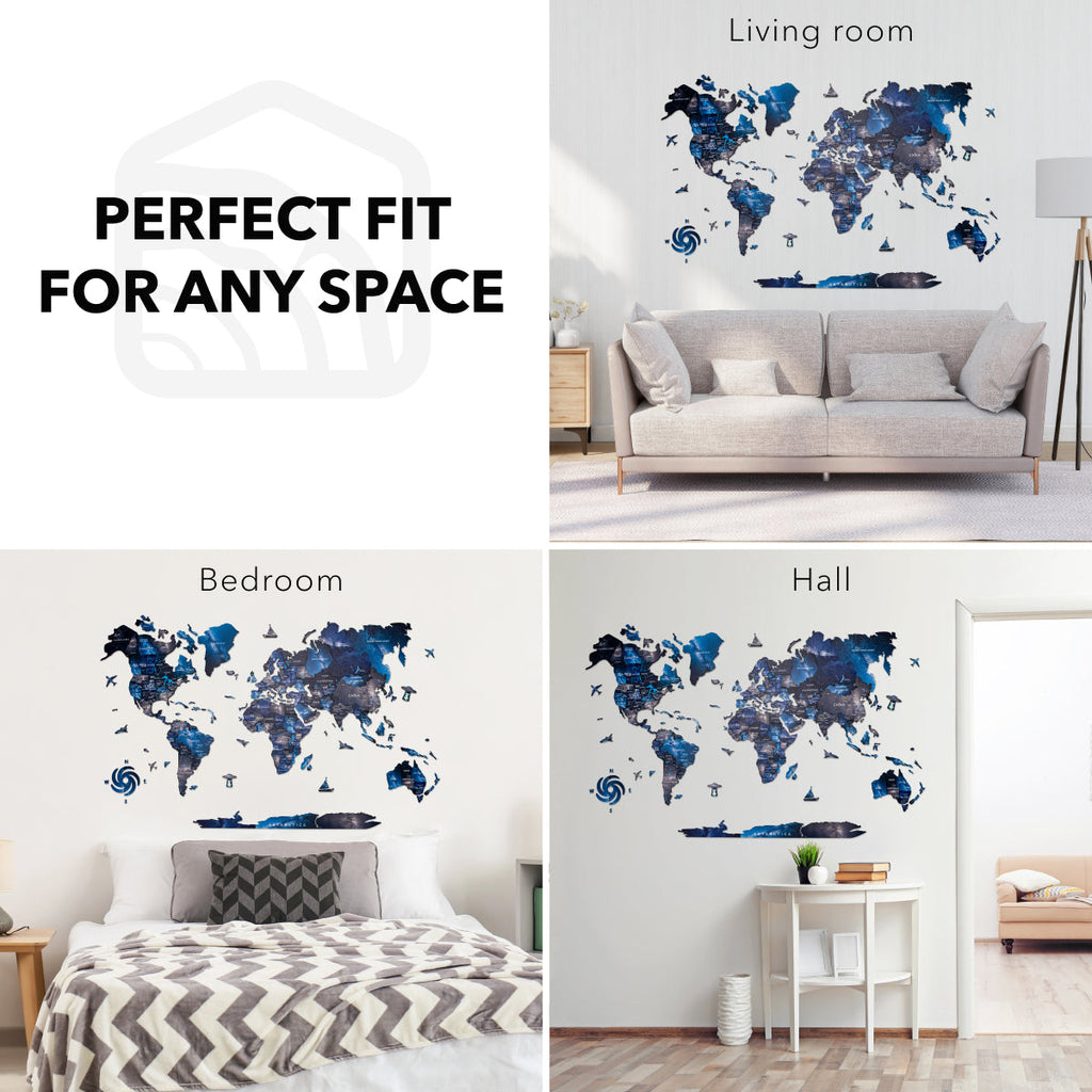 3D Wooden World Map Space: Large Navy Blue Travel Wall Art