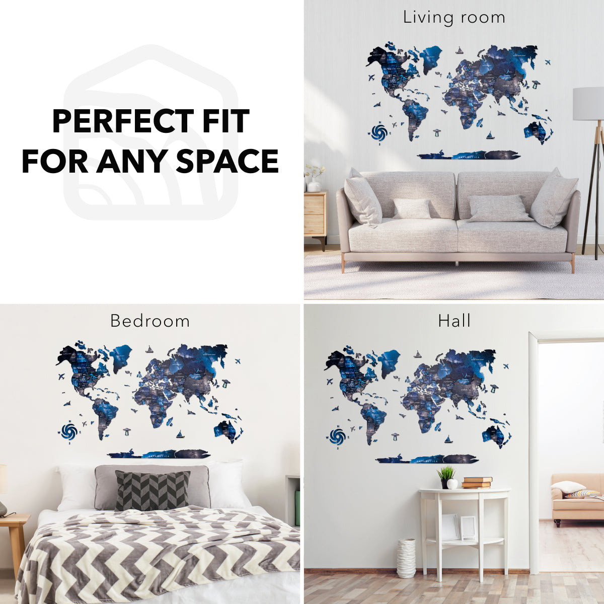 3D Wooden World Map Space: Large Navy Blue Travel Wall Art