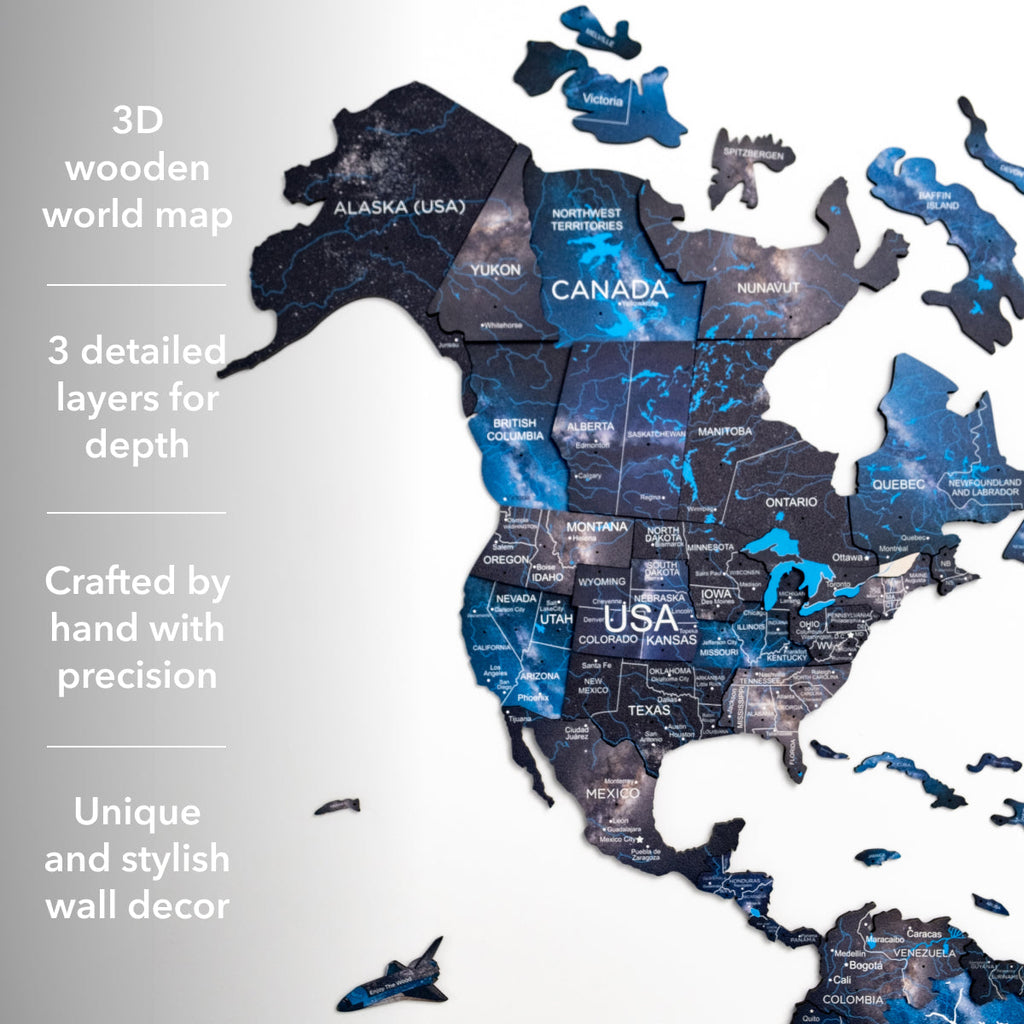 3D Wooden World Map Space: Large Navy Blue Travel Wall Art