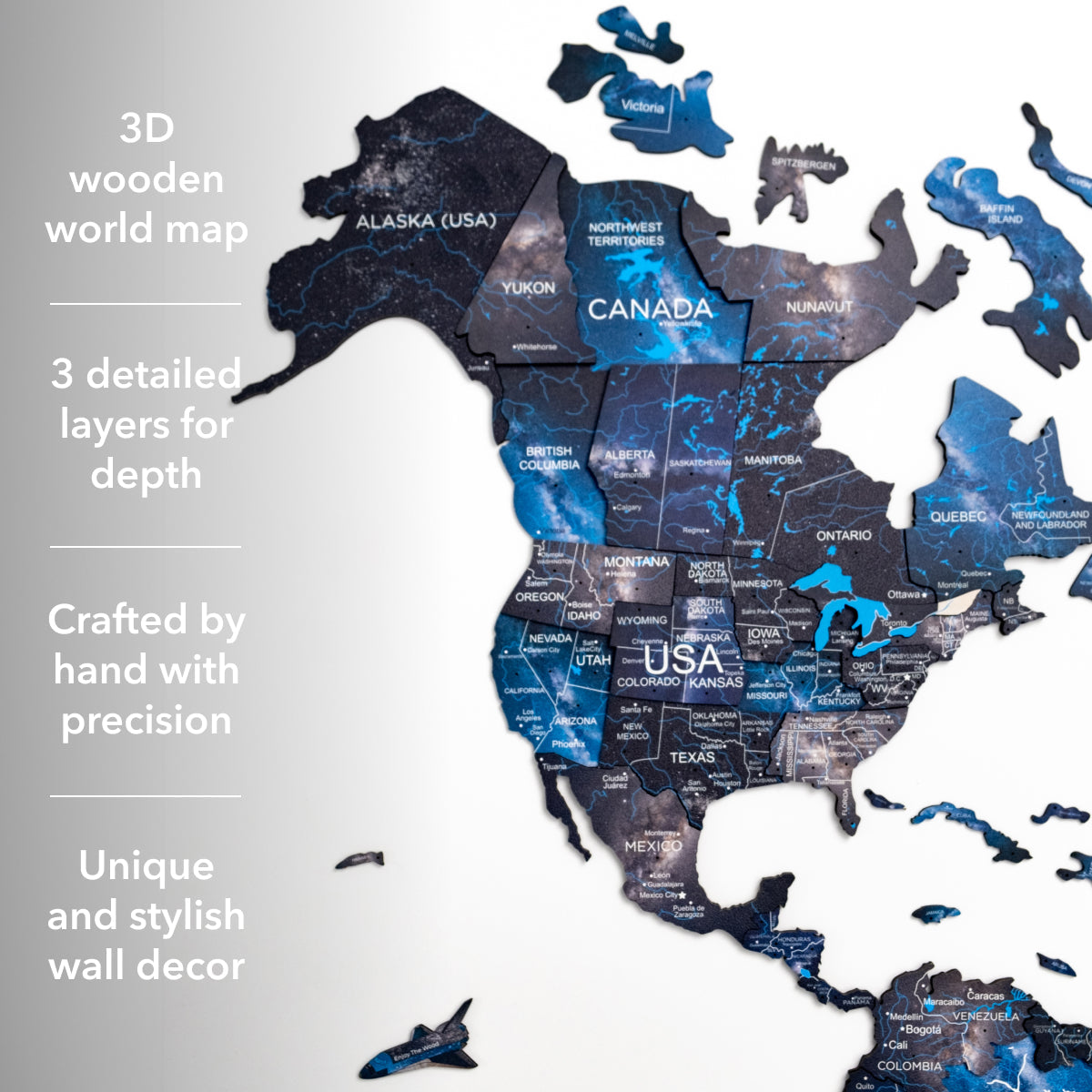 3D Wooden World Map Space: Large Navy Blue Travel Wall Art