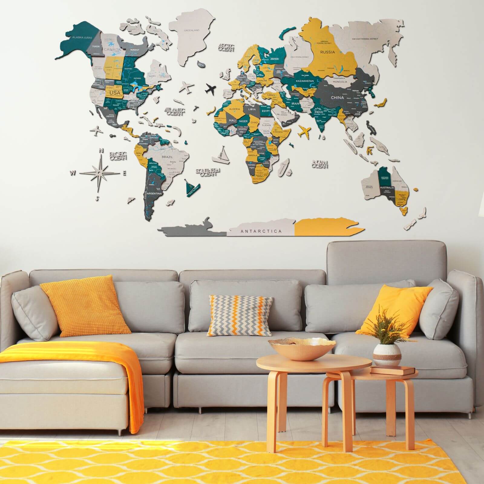 3D Wooden World Map Wall Art with Flag Pins for Travel Lovers