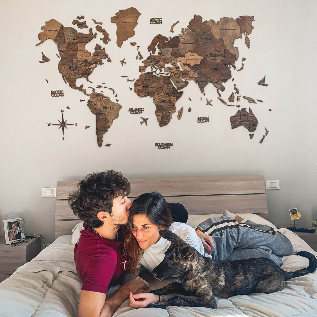 3D Wooden World Map Wall Decor with Customizable Flag Push Pins
