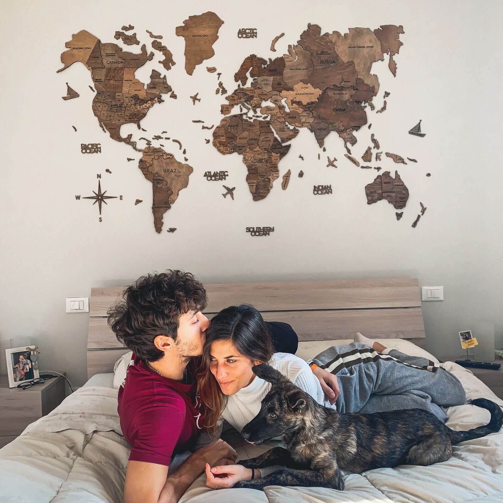 3D Wooden World Map Wall Decor with Customizable Flag Push Pins