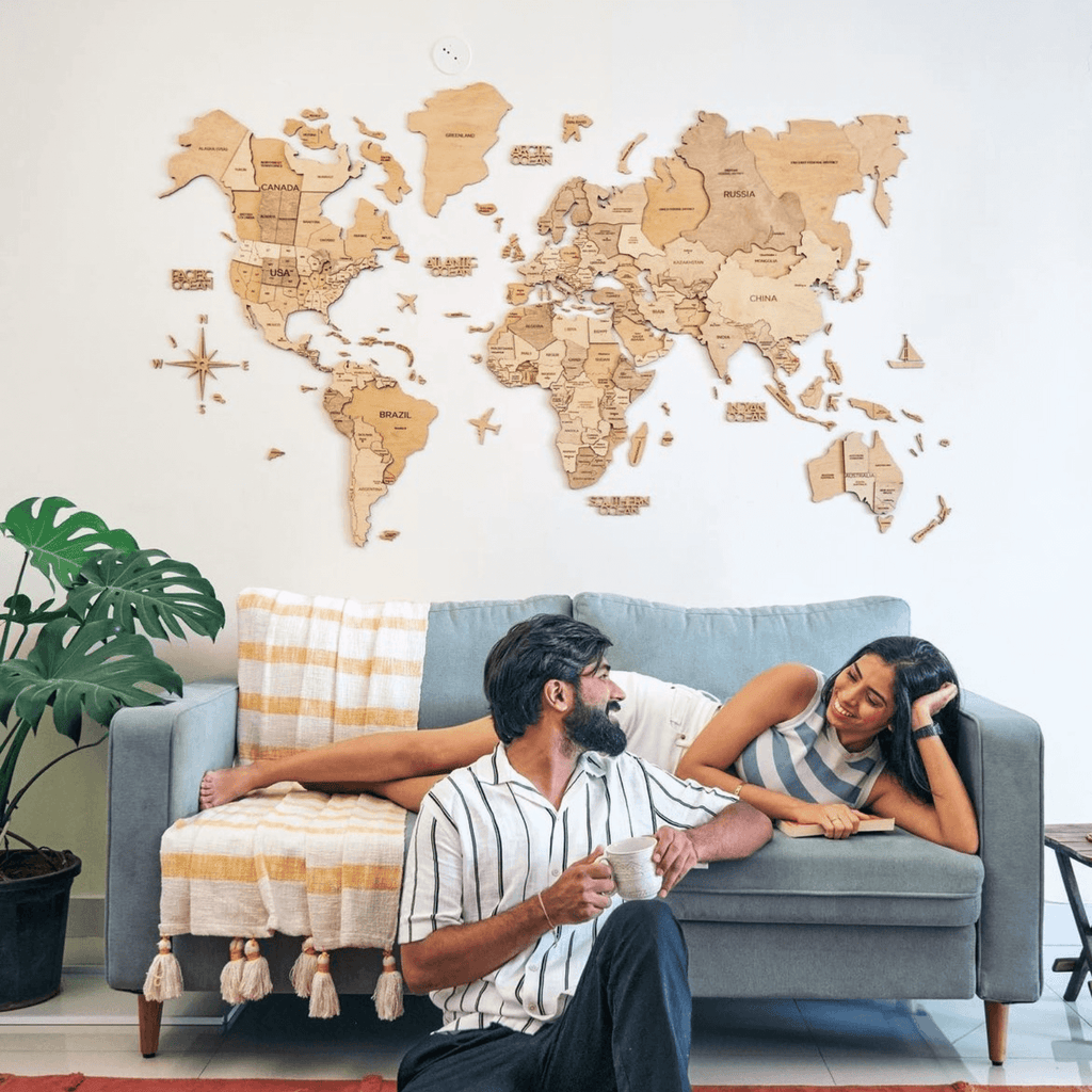 3D Wooden World Map Wall Decor with Customizable Flag Push Pins