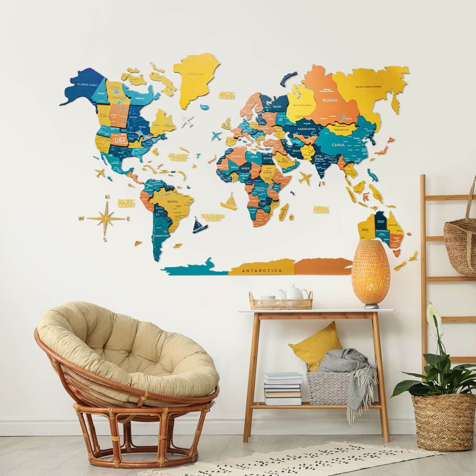 3D Wooden World Map Indie mounted on a living room wall