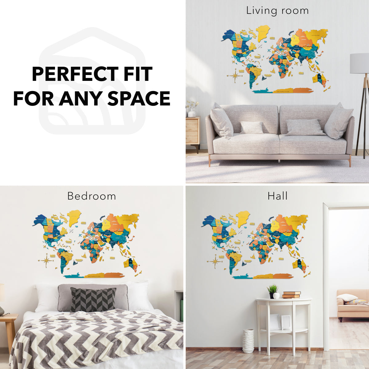 3D Luminous Colored Wooden World Map Indie Travel Wall Art