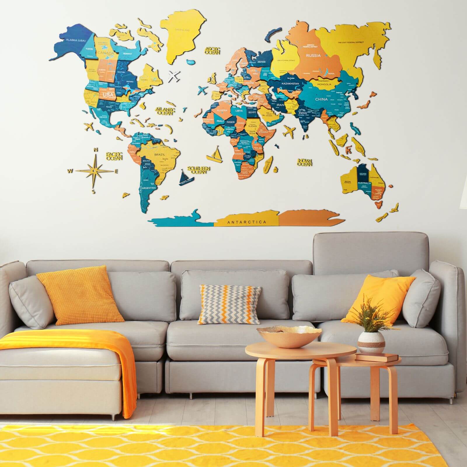 3D Luminous Colored Wooden World Map Indie Travel Wall Art